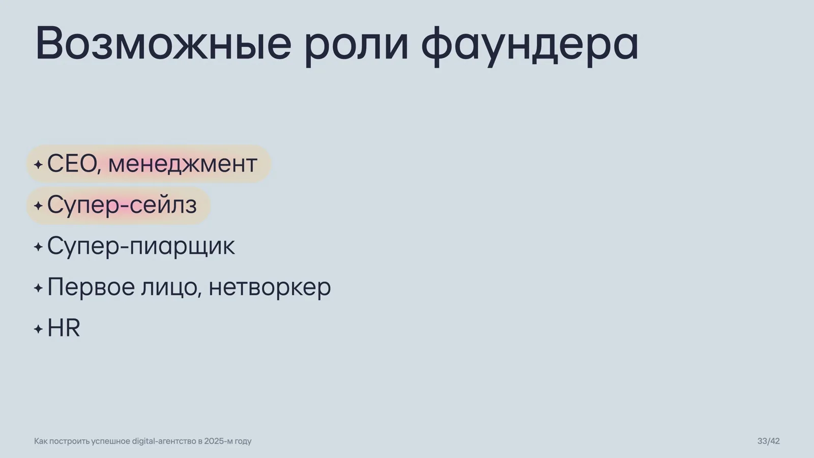 Слайд 33: Ключевые роли фаундера сейчас