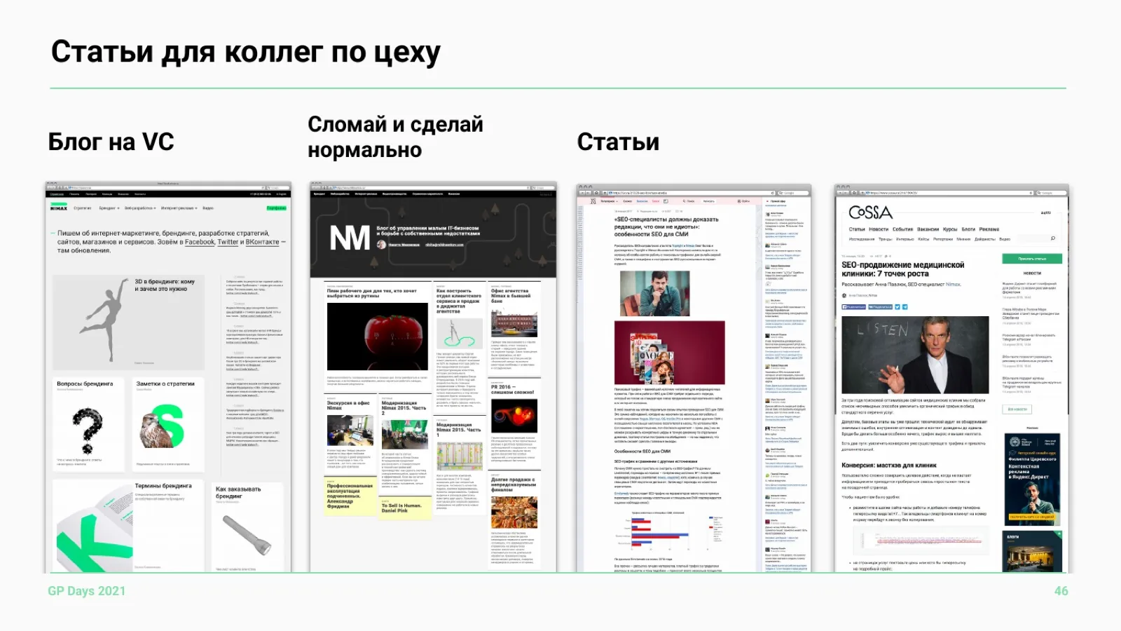 Слайд 46: Статьи для коллег по цеху