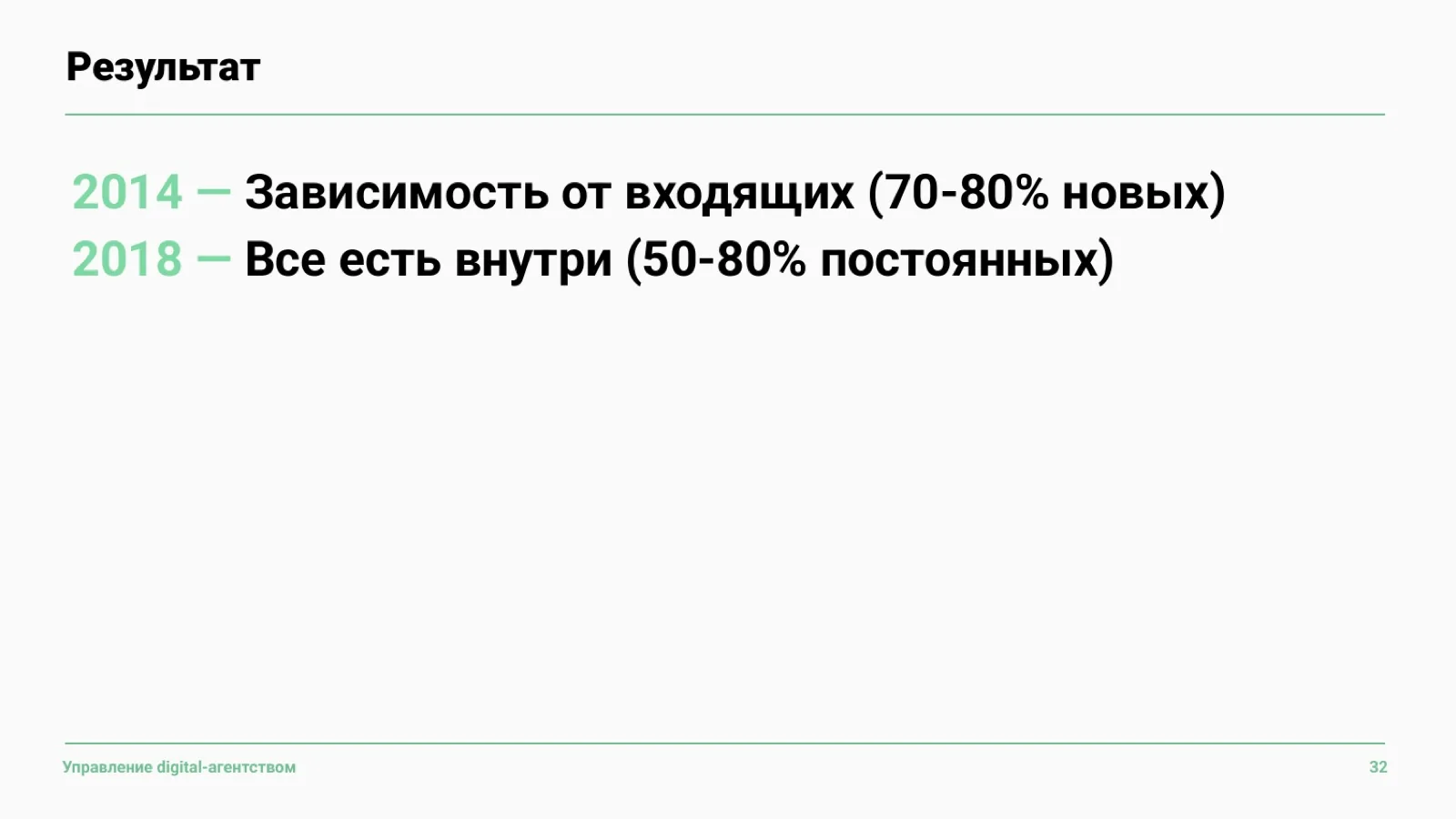 Слайд 33: Результат: меньше зависимости от новых клиентов